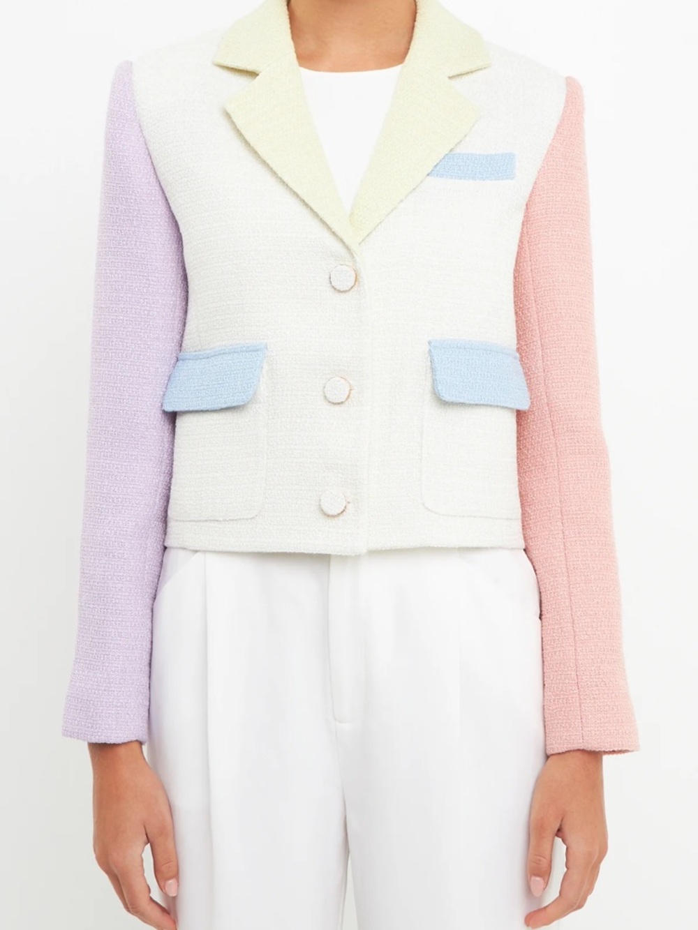 Endless Rose Cream Tweed Cropped Color Block Blazer